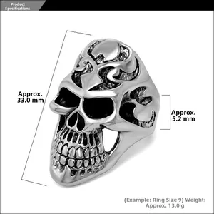 Detailed size parameters for punk skull titanium steel ring with flame pattern
