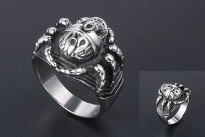 Macro view of gothic skull and scarab steel ring with vintage oxidized finish details