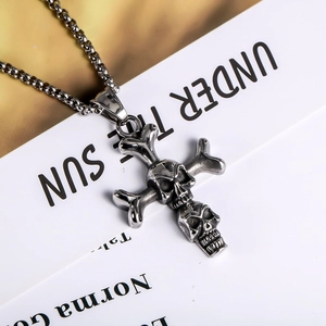 Gothic punk necklace featuring dual skull cross pendant in durable vintage titanium steel