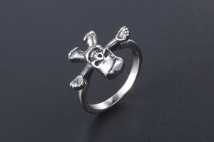 Detailed close-up of a punk style stainless steel skull ring with vintage bone details
