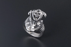 Detailed close-up of a Gothic skull reaper ring in polished titanium steel for men