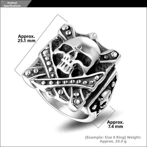 Detail view of gothic skull and crossbones ring with measurements 25.1mm and 20g weight
