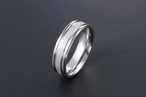 Close-up of titanium steel ring featuring a matte sandblasted center and polished edges