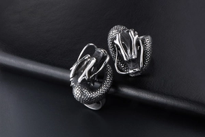 Close-up of vintage titanium steel dragon rings with detailed scales and punk textures