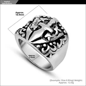 Gothic punk sword ring dimensions showing 18.9mm face height and 5.8mm band width