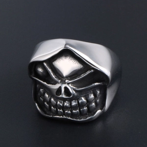 Retro punk style hooded skull ring in vintage silver finish stainless steel