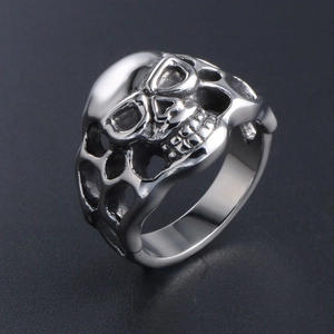 Gothic skull openwork titanium steel ring with a vintage punk rock polished silver finish