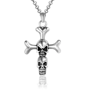 Gothic punk double skull and bone cross pendant necklace in vintage steel finish