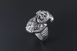 Detailed relief of a hooded reaper on a punk style stainless steel skull ring