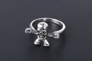 Detail view of a silver stainless steel skull ring with punk cartoon character design