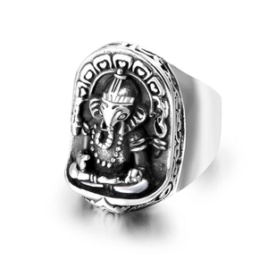 Vintage Stainless Steel Ganesha Elephant God Ring For Men Retro Religious Ethnic Totem Biker Band Ring Jewelry Accessories Gift