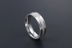 Macro detail of silver titanium steel ring featuring a matte finish and polished edges
