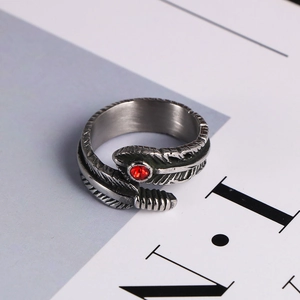 Vintage Gothic Feather Open Ring For Men Titanium Steel Red Rhinestone Adjustable Punk Biker Jewelry Finger Ring