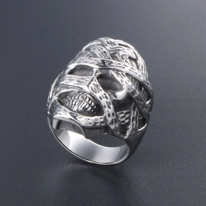 Gothic punk mummy skull ring in polished silver steel for men's biker fashion jewelry