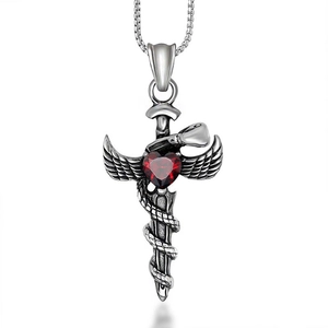 Gothic Stainless Steel Angel Wing Sword Pendant Necklace Vintage Snake Wrapped Heart Rhinestone Jewelry For Men Women