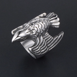 Vintage bird titanium steel ring for men with detailed feather texture and silver finish