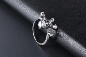 Macro detail of gothic skull character ring in silver stainless steel on black leather