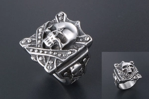Detailed macro view of a vintage silver skull ring with gothic 3D relief in titanium steel