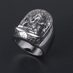 Vintage titanium steel Ganesha ring for men with high relief elephant god engraving