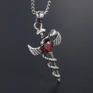 Gothic angel sword pendant with snake and red heart gemstone on steel chain