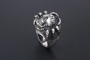 Macro shot of punk style skull and spider leg design in vintage oxidized steel finish