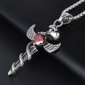 Gothic angel sword necklace with snake motif and red heart gemstone on black leather