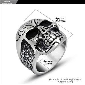 Detailed macro view of vintage skull ring showing 21.9mm height and 7.7mm width parameters