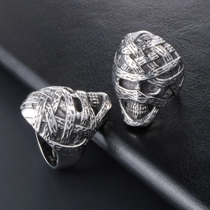Oversized mummy skull punk ring for men in vintage stainless steel with aged finish