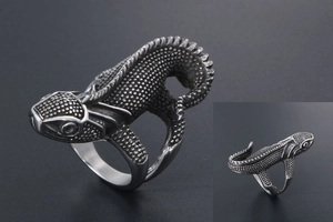 Macro shot of retro lizard ring featuring intricate scale textures and oxidized finish