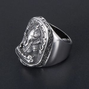 Vintage titanium steel Ganesha ring featuring a detailed elephant god shield design