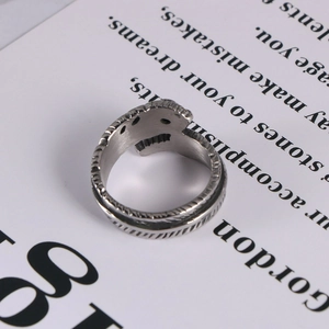 Retro gothic skull ring in oxidized titanium steel with vintage punk feather engraving