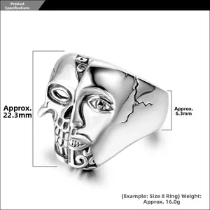 Détail d'une bague gothique en acier avec relief visage et crâne, montrant la hauteur 22,3mm