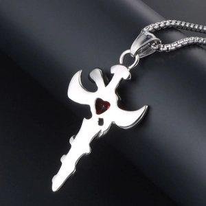 Retro titanium steel sword pendant necklace featuring a red heart-shaped gemstone