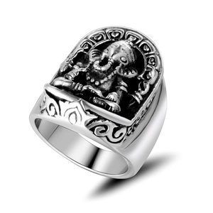 Vintage titanium steel Ganesha ring with detailed embossed elephant god relief design