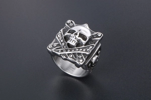 Macro view of men's skull ring featuring vintage embossed details and black finish