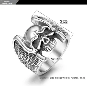 Detail view of gothic skull and angel wings ring with size dimensions in millimeters