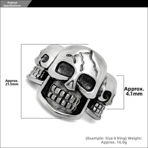 Macro detail of three punk-style skull heads on vintage titanium steel ring with black finish