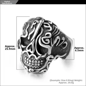 Macro shot of punk style skull ring showing vintage finish and precise measurements