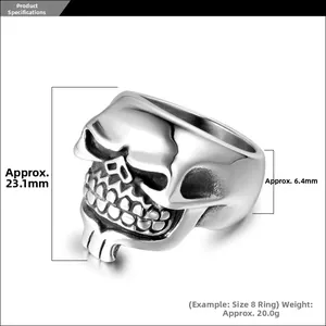 Detailed view of punk skull ring with 23.1mm height and 6.4mm band measurements
