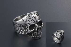 Detailed view of punk skull ring with embossed geometric patterns on vintage stainless steel