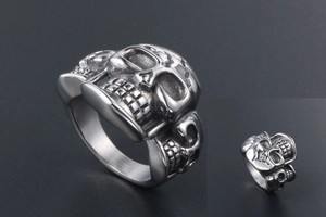 Detail shot of vintage punk skull ring for men in durable stainless steel finish