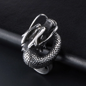 Vintage stainless steel dragon ring with detailed scales and oxidized silver finish