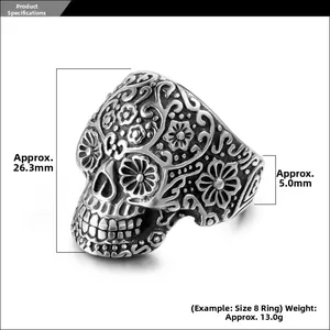 Detailed view of skull ring dimensions showing flower engravings and vintage steel finish