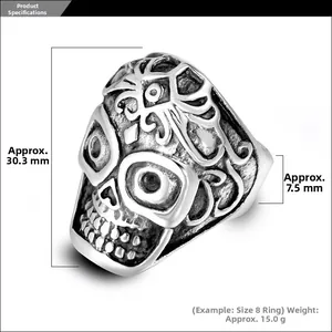 Detailed size specifications for vintage titanium steel skull ring with floral patterns