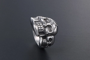 Macro view of vintage silver punk skull ring showing intricate gothic metal detailing