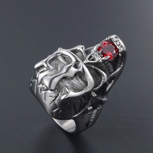 Retro gothic crown skull ring for men in titanium steel with a vibrant red gemstone