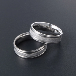 Pair of silver titanium steel rings featuring polished edges and frosted center bands
