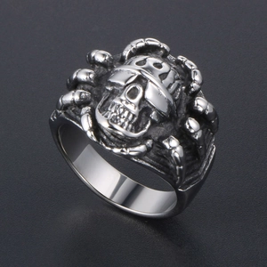 Gothic punk skull ring for men with vintage silver finish and biker style motorcycle design
