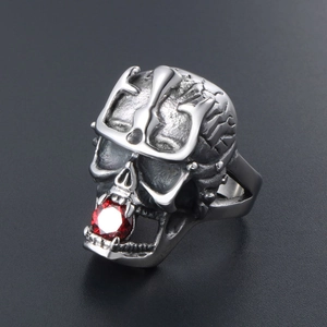 Gothic skull ring for men with crown and red gemstone set in vintage stainless steel