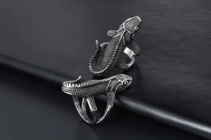 Macro shot of punk lizard ring with vintage silver scales and detailed steel texture